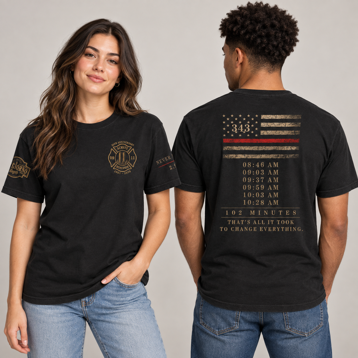 Front and back views of the 9/11 25th Anniversary commemorative T-shirt